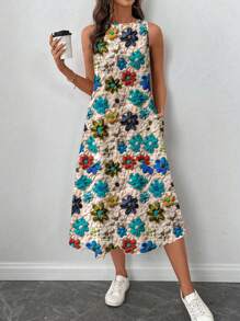 SHEIN LUNE Đầm nữ dáng lửng cổ tròn họa tiết hoa, thích hợp cho mùa xuân/hè, đầm thường ngày cho nữ, đầm thanh lịch in hoa, đầm midi in hoa, đầm in họa tiết hoa, quần áo nữ, đầm mùa thu cho nữ, đầm thường ngày. - Nhiều màu - Xem 2