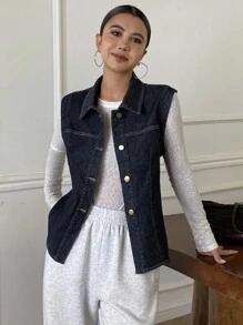 DAZY Women's Lapel Sleeveless Denim Vest, Casual City Style Denim Top