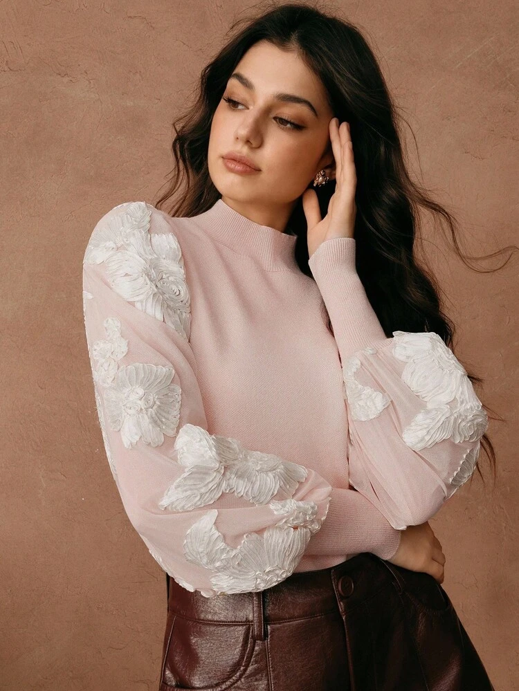 女性用エレガントなスタンドカラー ランタンスリーブ テクスチャー フローラル メッシュ スプライス 長袖ニットTシャツ