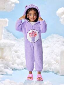 SHEIN X Care Bears 小女孩可爱卡通刺绣图案长袖连帽拉链柔软毛绒紫色3D耳朵设计连体睡衣