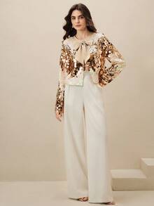 Anewsta 优雅派对渐变亮片圆领长袖蝴蝶结女士夹克，春秋 - 杏色 - 查看 6