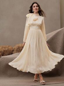 Anewsta Women's Long Dress, Spring & Autumn, Waist Pleated Shiny Elegant & Versatile - Champagne - View 6