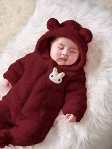 SHEIN Newborn Baby Girl Cute Pink Fluffy Cartoon Pattern Hooded Jacket And Elastic Waist Pants Set, Autumn/Winter Fall - Burgundy - View 6