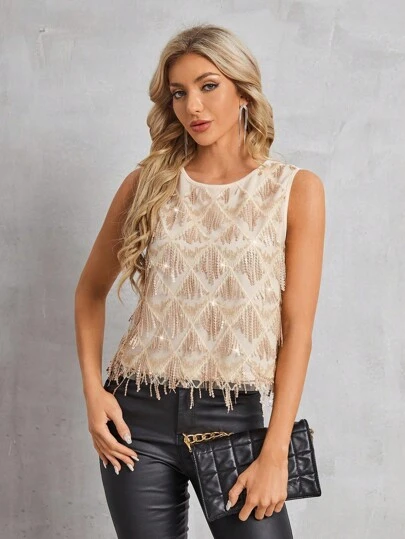 SHEIN Clasi 大码女式亮片流苏派对背心，适合派对、聚会、圣诞节、秋冬季节、新年、感恩节等场合，优雅亮片上衣