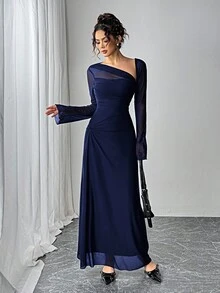 Siren Gaze 秋季女式网眼修身长袖A字下摆长裙 - 藏蓝色 - 查看 6