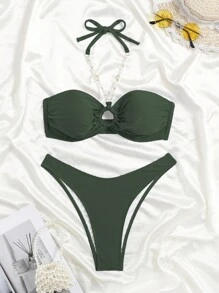 Swim Chiccia Women Summer Beach Solid Color Halter Tie Sexy Bikini Swimsuit Set - Army Green - View 3