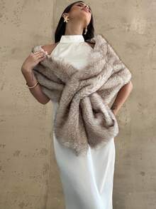 Firerie Fall/Winter Elegant Minimalist Khaki Beige Shawl Collar Faux Fur Sleeveless Jacket, Fashion Versatile Club Wear, Autumn/Winter Fall Women Clothes Elegant Party Coat Fall Outfits Women Winter Dresses For Women,Women's Fake Fur Coat, - Khaki - View 6