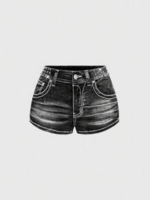 ROMWE Grunge Punk 复古Y2K做旧星形水钻装饰超低腰迷你牛仔短裤，适合多种场合