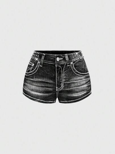 Grunge Punk Vintage Y2K Distressed Star Rhinestone Decor Super Low Waist Mini Denim Shorts, Versatile For Multiple Occasions