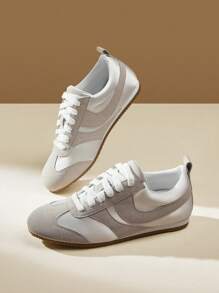 CUCCOO EASI 女士拼布圆头平底休闲运动鞋，舒适休闲风格 PU 皮革浅灰色运动鞋，适合日常室内外穿着 - 灰色 - 查看 9