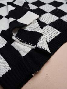 Elenzga Gothic Academia Check Detail Halloween Autumn/Winter Fashion Casual Color Block Checkerboard Patchwork Women Loose Fit Plus Size Cardigan, Outerwear Suitable For Outing, Vacation, Party Black And White Checkered Cardigan