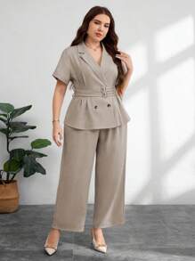 Modelyn Bộ vest 2 món cỡ lớn dành cho nữ: Áo khoác tay ngắn có eo điều chỉnh và quần ống đứng, trang phục công sở thanh lịch - Màu be - Xem 4