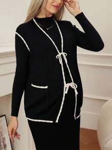 SHEIN 孕妇拼色毛衣背心，宽松版型，带口袋，开襟外套 - 黑與白 - 查看 6