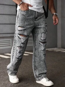 Manfinity LEGND Plus Size Men's Gray Washed Mature Street Style Personalized Ripped Design Straight Jeans - Grey - View 3