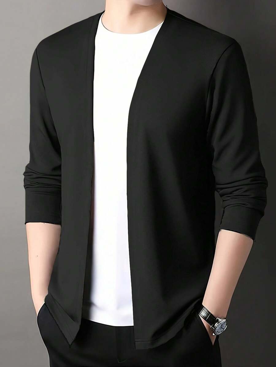 Manfinity Homme 男士纯色简约衬衫,适合秋季 - 黑色 - 查看 1