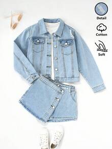 2pcs/Set Young Girls Light Blue Streetwear Fashion Denim Vest & Shorts Suit,Tween Girls Soft Fabric Daily Wear Back-To-School School Autumn Outfit - Light Wash - View 3