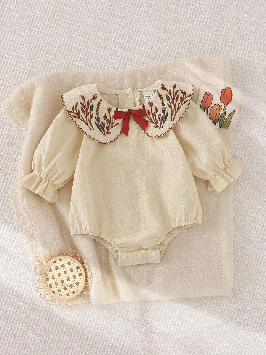 SHEIN Playful Pals Baby Girls' Countryside Embroidered Peter Pan Collar Bowknot Frill Cuff Long Sleeve Bodysuit, Autumn Fall Winter
