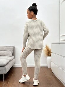 SHEIN Tween Girl Drop Shoulder Ribbed Knit Tee & Leggings Textured Fabric Two Pieces Fall Winter - Khaki - View 2