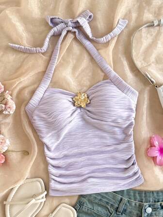 Tween flickor casual vardagsmode semester halterneck linne med texturerat tyg och dekor framtill