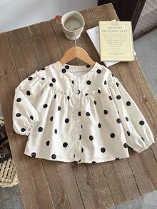 SHEIN 女童可爱波尔卡圆点印花泡泡袖休闲衬衫，适合日常外出、聚会和户外活动 - 米色 - 查看 3