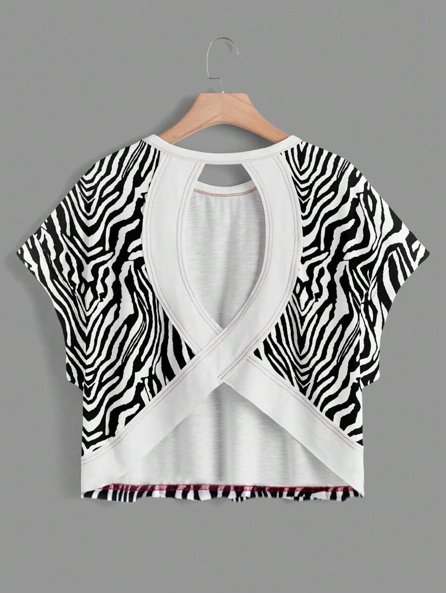 SHEIN Essnce Women Casual Crew Neck Backless Asymmetrical Hem Loose Tank Top, Summer Zebra Pattern Print