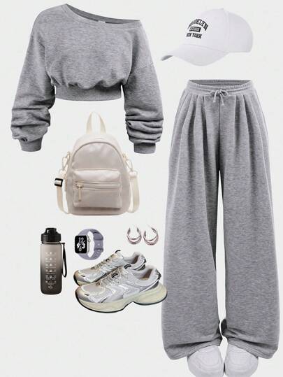 Girlism Conjunto de sudadera de manga larga y pantalones de tela de punto gris claro casual y cómodo para adolescentes, ropa de vuelta al colegio, atuendo de otoño