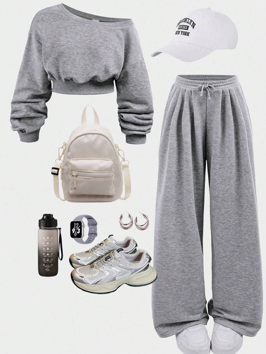 Girlism Teen Girl Casual And Comfortable Light Grey Long Sleeve Sweatshirt & Pants Co-Ord Set In Knitted Fabric, Back To School Clothes, Fall Outfit Winter
