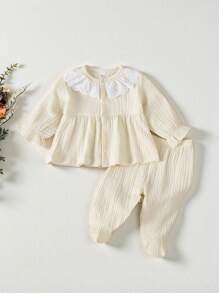 2 件套新生儿女童杏色长袖上衣和裤子套装，家居服，带蕾丝领口饰边，款式可爱，梭织面料