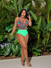 Slaydiva Plus Size Swimwear Set, Colorful Leopard Print Top With Adjustable Straps, Solid Side Ruching Bottoms, Orange Summer Beach Vacation Holiday Pool Outfit - Multicolor - View 5