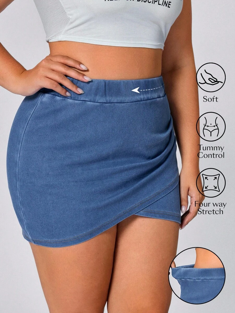Flexra Váy mini denim ôm sát cơ thể xếp nếp màu trơn cỡ lớn - Màu xanh lam - Xem 1