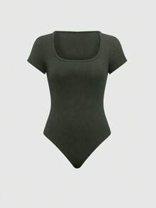 EURMUSE 2 pièces Ensemble femme casual combinaison et pantalon à col carré de couleur unie - Vert olive - Voir 5