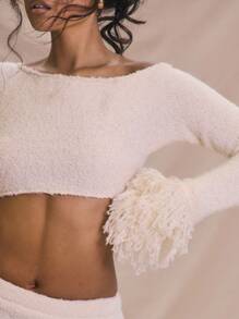 MUSERA Asymmetrical Shoulder Long Sleeve Knitted Long Sleeve Cuff Fray Detail Cropped Top Only Summer Vacation Cute Elegant Beachwear Ibiza Boho Bohemian Cowgirl Festival Concert Western Soft Serve Tops Holiday Fall Country Night Out Nashville Club Autumn Winter Fall Winter Chic Spring Sweater Valentines Day Bridal Bachelorette Hen Do Wedding - Cream - View 4