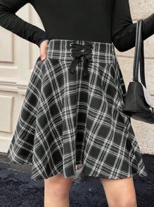 SHEIN 青少年女孩格子印花系带高腰喇叭裙 - 黑色 - 查看 4