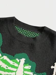 ROMWE MEN Street Life 男士圆领落肩长袖创意骷髅图案提花休闲套头毛衣，秋冬，垃圾摇滚风格 - 綠色 - 查看 3