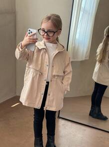 Young Girl Beige Solid Color Hooded Waist Drawstring Casual Windbreaker,Spring Autumn Trench Coat Jacket,Back-To-School,Career Day Kid Girl Jacket - Khaki - View 6