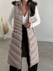 EURMUSE Casaco De Inverno Feminino Longo Com Capuz, Sem Mangas, Com Zíper Frontal - Bege - Ver 5