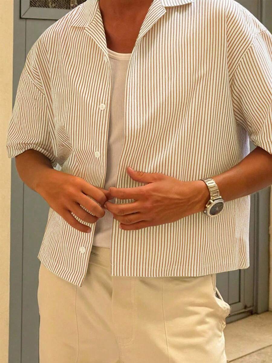 Manfinity Dauomo 男士条纹短袖单排扣休闲/商务衬衫 - 棕色 - 查看 1