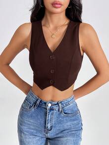 SHEIN PETITE Summer Tank TopsSolid Button Front Crop Waistcoat Chocolate Brown Top In Fall/Winter