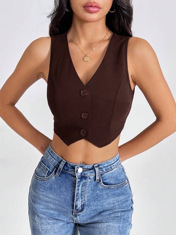 SHEIN PETITE Summer Tank TopsSolid Button Front Crop Waistcoat Chocolate Brown Top In Fall/Winter