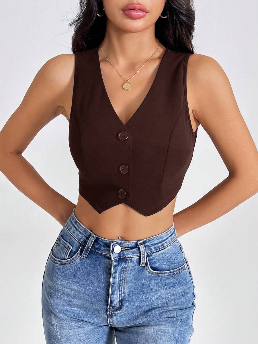 SHEIN PETITE Summer Tank TopsSolid Button Front Crop Waistcoat Chocolate Brown Top In Fall/Winter