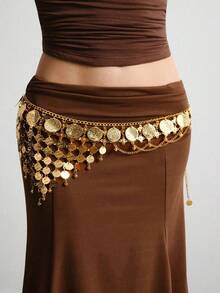 ROMWE Goth 1pc Women's Gold Coin Decor Hollow Tassel Chain Waist Dress, Versatile For Daily Wear - Gold - View 8