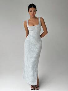 FavEase Damen einfarbiges Maxikleid mit Schlitz-Saum für den täglichen Gebrauch - Hellgrau - Übersicht 4