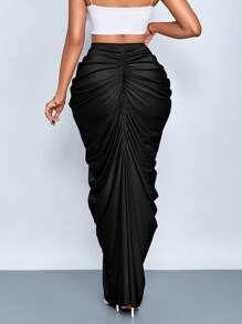 SOLERSUN 女士时尚纯色褶皱半身裙 - 黑色 - 查看 2