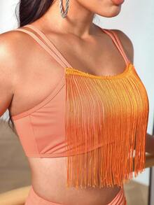 Menodora SHEIN Sport Latin Dance Costume Fringe Two Piece Set Ladies Orange Color Dance Wear - Coral Orange - View 7