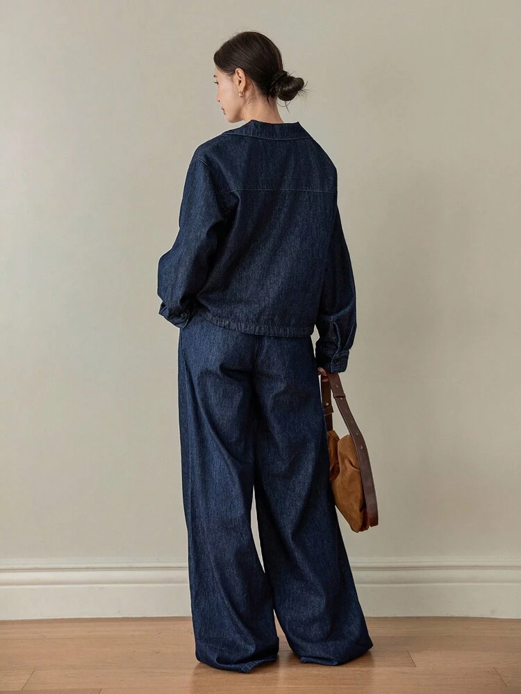Autumn Navy Blue Casual Everyday Women Denim Suit,Vintage Washed Deep V-Neck Loose Top & Straight Leg Pants Set,Business Fall Winter Clothes