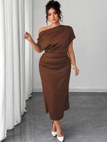 Elenzga Plus Size Women's Satin Asymmetric Ruffle Collar Pleated Waist Slim A-Line Maxi Dress, Summer