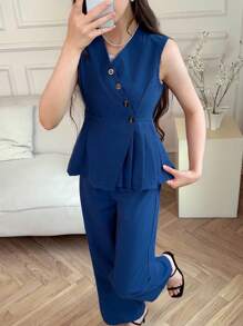 2pcs Tween Girls' Summer Casual Vest And Trousers Set - Blue - View 1