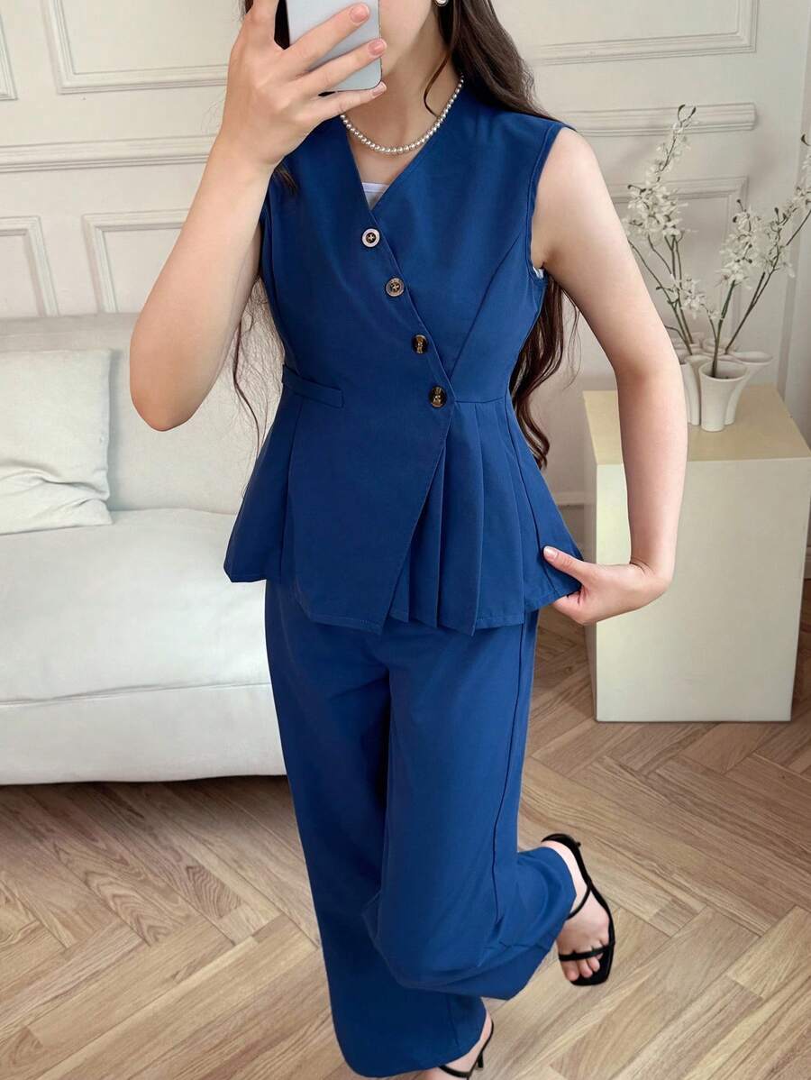 2pcs Tween Girls' Summer Casual Vest And Trousers Set - Blue - View 1