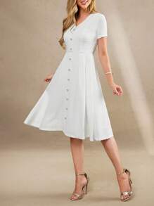 Amorya V 领珍珠纽扣纹理面料收腰女式连衣裙，适合春秋夏季校服女士办公室服装教师服装女士夏季连衣裙婚礼宾客服装女士度假服装女士生日服装