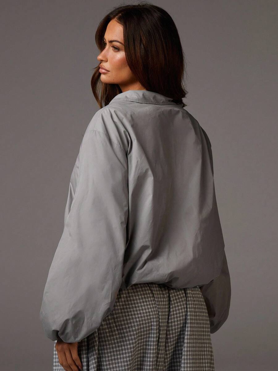 Athîral Women's Advanced Grey Winter Casual Occasion Short Coat,Oversized Jacket With Drop Shoulder Sleeves,Metal Snap Buttons & Ribbed Hem,Campus Style - Khaki - View 1